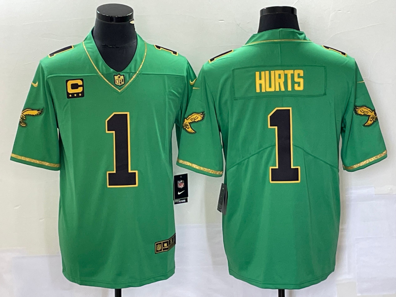 Men's Philadelphia Eagles #1 Jalen Hurts Green Gold Vapor Limited With C Patch Stitched Football Jersey Men's Philadelphia Eagles #1 Jalen Hurts Green Gold Vapor Limited With C Patch Stitched Football Jersey